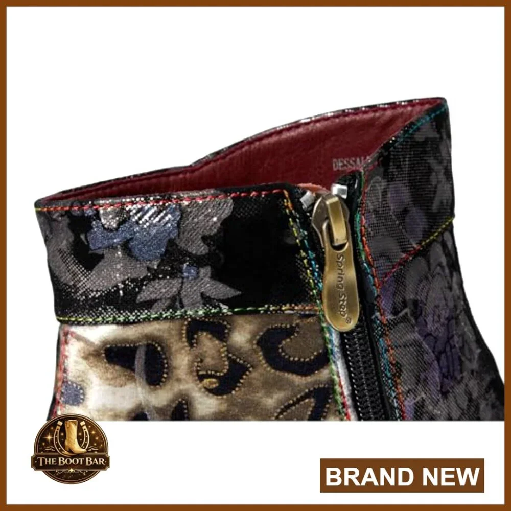 Floral Suede Ankle Booties with Velvet Accent, Side Zipper, Mid-Heel - Picture 7 of 7